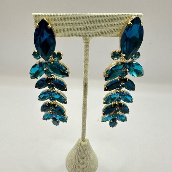 Blue Cascade Rhinestone Crystal Dangled Drop Earrings - Picture 2 of 6